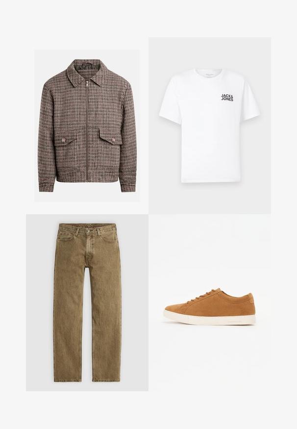 Houndstooth-gepatroneerde jas in bruin- en zwarte tinten, met een voorrits, twee borstzakken en een klassiek kraagontwerp.; Witte katoenen t-shirt, korte mouwen, ronde hals. Kenmerkt zich door het zwarte tekstlogo "JACK & JONES" op de linkerkant van de borst. Eenvoudig, strak ontwerp.; Lichtbruine denim jeans met een recht model, vijf zakken en hardware in koperkleur. Getextureerde stof met zichtbare stikdetails.; Bruine leren sneakers met een laag ontwerp, witte rubberen zool en ronde neus. Bevat bijpassende veters en minimale branding op de hiel.