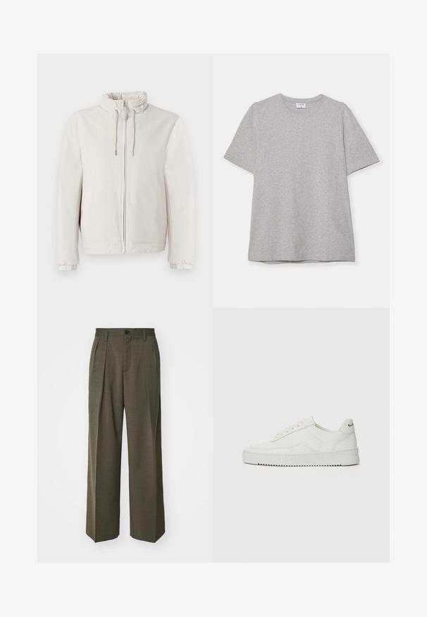 Hellbeige Jacke aus weichem Stoff, mit einem Reißverschluss, verstellbaren Kordelzügen am Kragen und elastischen Bündchen.; Graues T-Shirt mit kurzen Ärmeln aus weichem, strukturiertem Stoff. Verfügt über einen klassischen Rundhalsausschnitt und einen geraden Saum, geeignet für legere Trageanlässe.; Filippa K WIDE TROUSERS - Stoffhose - driftwood; Weiße Ledersneaker mit glatter Oberfläche, runder Zehenpartie, flachen Schnürsenkeln und strukturiertem Sohlenprofil. Mit einem dezenten Logo an der Ferse.