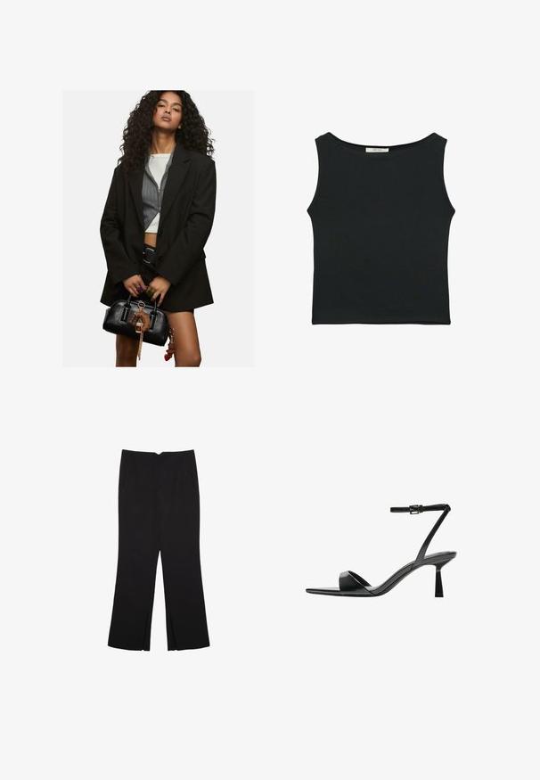 Una giovane donna con capelli ricci, che indossa un blazer nero a strati e un top corto, che tiene una borsa nera adornata con charm a forma di portachiavi.; Top senza maniche nero realizzato in tessuto morbido, caratterizzato da un collo arrotondato e un design aderente senza motivi visibili o decorazioni.; Pantaloni neri a gamba dritta, con tasche frontali e spacchi laterali all'orlo. Realizzati in tessuto morbido e liscio. Adatti a diverse occasioni.; Bershka Sandali con tacco - black