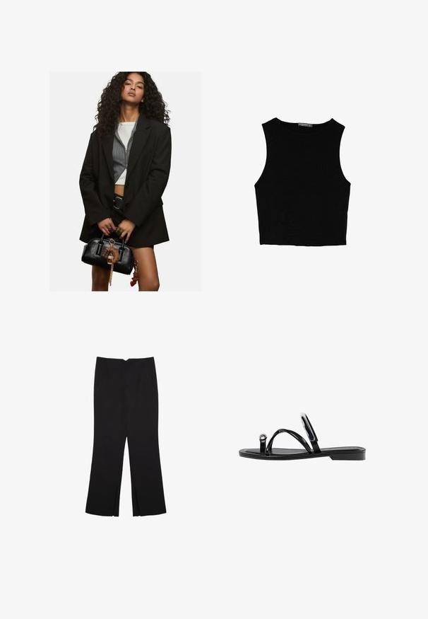Młoda kobieta z kręconymi włosami, w warstwowym czarnym żakiecie i krótkim topie, trzyma czarną torebkę ozdobioną breloczkami.; Czarny bezrękawnik crop top z gładkiego materiału, z okrągłym dekoltem i czystym, prostym wzornictwem, bez wzorów czy metalowych elementów.; Czarne spodnie o prostym kroju, z przednimi kieszeniami i bocznymi rozcięciami na dole. Wykonane z miękkiego, gładkiego materiału. Odpowiednie na różne okazje.; Czarne płaskie sandały o błyszczącym wykończeniu, z trzema cienkimi paskami i okrąłym detalem metalowym na palcach. Smukły design z minimalnym obcasem.