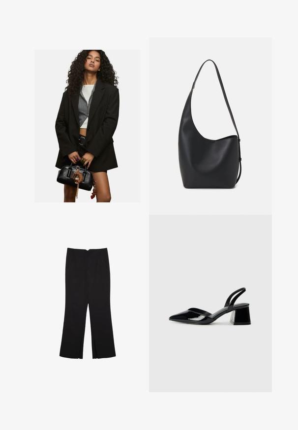 Junge Frau mit lockigem Haar, die ein geschichtetes schwarzes Blazer und ein kurzes Oberteil trägt, hält eine schwarze Handtasche mit Schlüsselanhänger-Anhänger.; Schwarzes Baumwoll-T-Shirt mit kurzen Ärmeln, das ein kleines pinkes Schmetterlingsmotiv auf der linken Brust zeigt. Crewneck-Design mit einem entspannten Schnitt.; Schwarze Hose mit geradem Schnitt, ausgestattet mit Fronttaschen und Seitenschlitzen am Saum. Hergestellt aus weichem, glattem Stoff. Geeignet für verschiedene Anlässe.; Schwarze Lackleder-Slingback-High Heels mit spitzem Schuh und einem geometrischen Blockabsatz. Verfügt über ein schlankes, minimalistisches Design und eine glatte Textur.; Schwarze Leder-Hobo-Tasche mit einer glatten Textur, geschwungener Form und einem einzelnen verstellbaren Tragegurt; verfügt über eine weite Öffnung am oberen Ende.