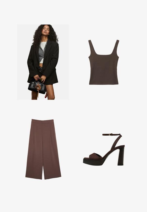 Mlada žena s kovrčavom kosom u slojevitoj crnoj blazerici i skraćenom topu, drži crnu torbicu ukrašenu privjescima.; Smešani smeđi top bez rukava sa kvadratnim izrezom, izrađen od mekanog, rastezljivog materijala. Ima kroj koji se uklapa i ravne šavne.; Smeđe hlače širokog kroja s glatkom teksturom, koje imaju visok struk i nabore sprijeda. Tkanina je lagana i slobodno se kreće.; Smeđe zamšaste sandale s visokim potpeticama, otvorenim prstima, podesivom trakicom oko gležnja i prugastom platformom.