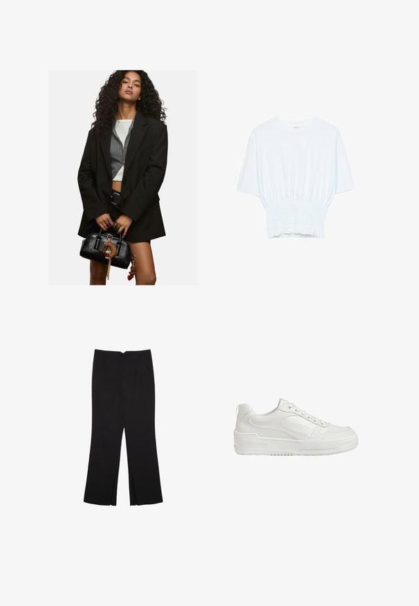 Junge Frau mit lockigem Haar, die ein geschichtetes schwarzes Blazer und ein kurzes Oberteil trägt, hält eine schwarze Handtasche mit Schlüsselanhänger-Anhänger.; Weißes T-Shirt mit kurzen Ärmeln, lockerer Passform und gerafftem Stoff an der Taille. Aus weichem, leichtem Material gefertigt.; Schwarze Hose mit geradem Schnitt, ausgestattet mit Fronttaschen und Seitenschlitzen am Saum. Hergestellt aus weichem, glattem Stoff. Geeignet für verschiedene Anlässe.; Weiße Leder-Sneaker mit glatter Textur, gepolstertem Knöchel und durchlöchertem Zehenbereich. Verfügt über eine leicht erhobene Gummisohle und Schnürdesign.