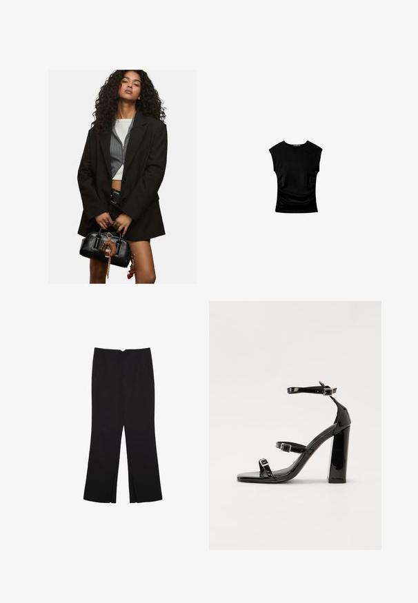 Nuori nainen, jolla on kihara hius, pukeutuneena kerrokselliseen mustaan bleiseriin ja lyhyeen toppiin, pitää mustaa käsilaukkua, jonka koristeena on avaimenperä charm.; Mustapaitainen lyhythihainen paita, jossa on tyköistuva siluetti, kerroksittain muotoiltu sivuosa ja sileä, joustava kangas mukavuutta varten.; Mustat housut suoralinjaisella leikkauksella, joissa on etutaskut ja sivurei'ät helman alla. Valmistettu pehmeästä ja sileästä kankaasta. Sopii eri tilaisuuksiin.; Musta kiiltävä korkokenkä sandaalit neliönmuotoisella varpaalla, nilkkaremmillä ja hopeisilla soljilla. Varustettu tukevalla lohkokorkealla vakauden takaamiseksi.