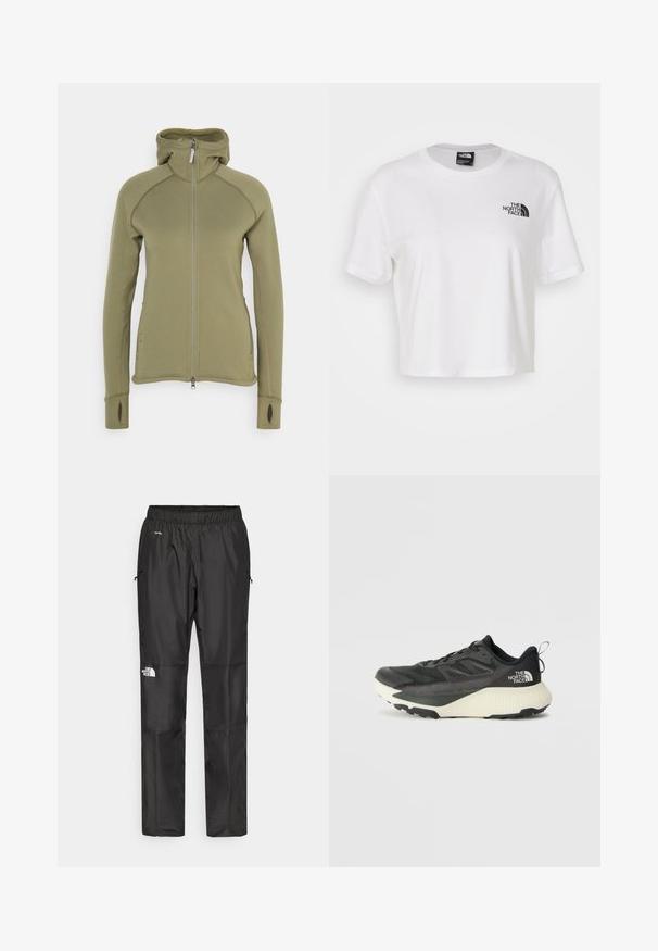 Houdini POWER HOUDI - Polárdzseki - sage green; Fehér, pamutból készült, rövid ujjú, kerek nyakú cropped póló. A bal mellen fekete logó található.; Fekete vízálló nadrág könnyű anyagból, rugalmas derékkal, oldalsó zsebekkel és logóval a bal lábon.; Fekete sportcipő, texturált felsőrésszel, szürke kiegészítőkkel és fehér középtalppal. Húzófüllel és kiemelkedő márkalandírral a sarkán.