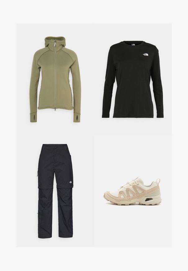 Houdini POWER HOUDI - Fleece jacket - sage green; Black long-sleeve t-shirt made of cotton with a round neck. Features a small white logo on the left chest area. Simple design and fit.; Black nylon zip-off cargo trousers with adjustable cuffs, multiple pockets, and a logo on the right leg. Smooth, lightweight texture.; Beige and cream athletic shoe with textured mesh upper, supportive overlays, and rubber outsole featuring a tread pattern for traction.