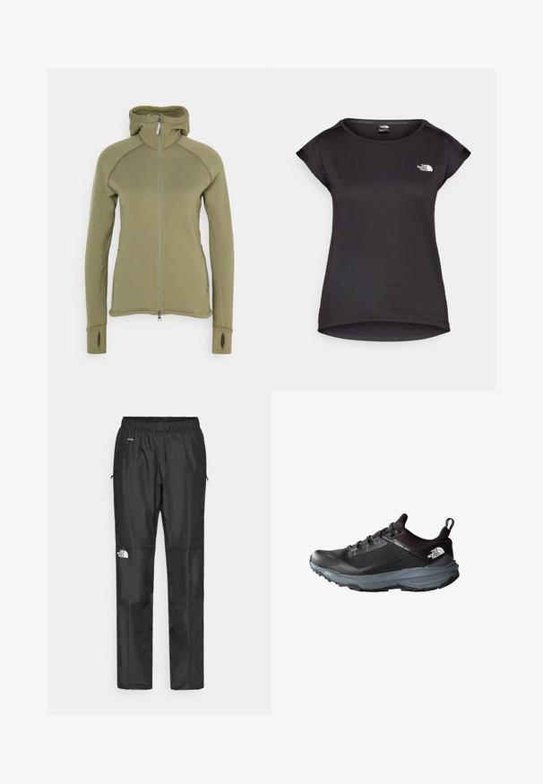 Houdini POWER HOUDI - Fleece jacket - sage green; The North Face TANKEN TANK - Sports T-shirt - black; Black waterproof pants made from lightweight fabric, featuring an elastic waistband, side pockets, and a logo on the left leg.; Black running shoe with a textured upper, padded collar, and gray midsole. Features laces, logo, and a durable treaded outsole.