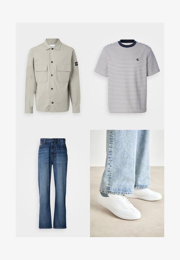 Calvin Klein OVERSHIRT - Lichte jas - london fog; Gestreept katoenen T-shirt met een marineblauwe kraag en mouwen, voorzien van horizontale blauw-witte strepen; klein geborduurd logo op de borst.; Blauwe denim jeans met een hoge taille, uitlopende pijpen, vijf-vaks ontwerp en tonale stiksels. Bevat een knopenfly en gestikte zakken.; Witte sneakers van glad materiaal, met vetersluiting, een gevulkaniseerde rubberen zool en een teal accent op de hiel, gecombineerd met lichtblauwe jeans.