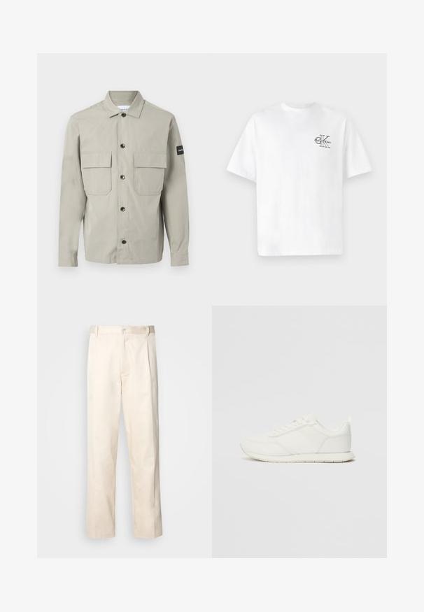 Calvin Klein OVERSHIRT - Summer jacket - london fog; White cotton t-shirt with short sleeves, crew neck, featuring a black CK logo on the left chest area, standard fit, smooth texture.; Beige cotton trousers with a straight-leg cut, featuring a button closure and pleats at the front for added detail.; White sneaker with a mesh and synthetic upper, round toe, flat laces, and a textured side stripe. Rubber sole with a pull tab at the back.