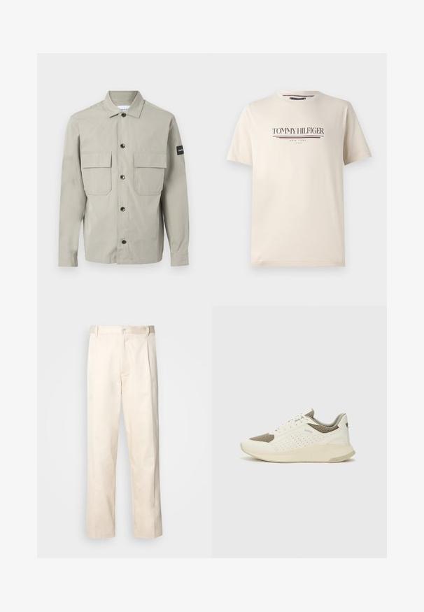 Calvin Klein OVERSHIRT - Skraistė - london fog; Šviesiai kreminė trumpomis rankovėmis marškinėliai, pagaminti iš medvilnės, su apvalia iškirpte. Marškinėliai su spausdintu logotipu tamsiai mėlynos ir raudonos spalvos per krūtinę.; Bežinės medvilninės kelnės su tiesiu kirpimu, turinčios mygtuko uždarymą ir priekyje raukšles papildomai dekoratyviam akcentui.; Baltas ir šviesiai bežinis sportinis kedas, su tinklo viršumi, perforuotais detalėmis ir tekstūruotu tarpine su logotipu ant kulno.