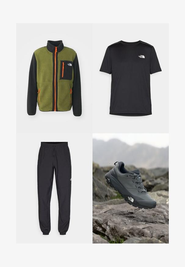 The North Face M YUMIORI FULL ZIP - Fliisjakk - forest olive/black/orange; Must mustaöödiga must T-särk, mis on valmistatud kerge riidekanga. Esiküljel on vasakul rinnal väike valge logo ning õlgadel on peened aktsendid.; Mustavad sportlikud püksid, mis on valmistatud kergest kangast, joonlauaga taljest, küljetaskudega ja kitsenevate varrukatega pahkluude juures.; Hallhalli jooksukingad halli värvi, tekstureeritud ülemise osaga, vastupidava kummist tallaga ja tugevdatud varvaste kattega. Omab paelu ja kaubamärgi logo küljel.