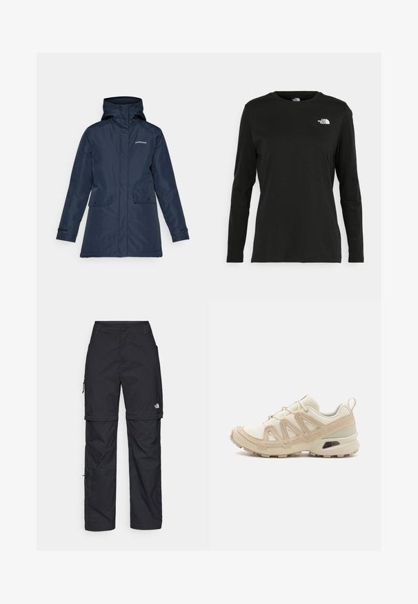 Námorní plášť nepromokavý s kapucí, dvěma předními kapsami, nastavitelné manžety a zipovým uzavřením. Na hrudi je značka.; Černé tričko s dlouhým rukávem vyrobené z bavlny s kulatým výstřihem. Na levé části hrudi se nachází malé bílé logo. Jednoduchý design a střih.; Černé nylonové cargo kalhoty na zip s nastavitelnými manžetami, několika kapsami a logem na pravé noze. Hladká, lehká textura.; Béžová a krémová sportovní obuv s texturovaným síťovaným svrškem, podpůrnými překryvy a gumovou podrážkou s dezénem pro lepší přilnavost.