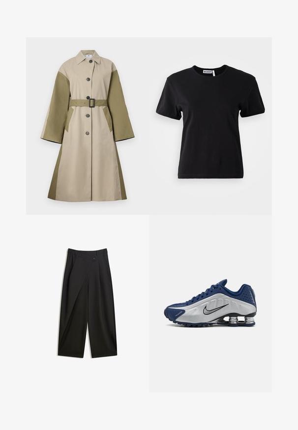 Bež in olivno zelen plašč s pasom, velikimi gumbi in razširjenim dizajnom. Ima široke rokave in stranske žepe.; Črna bombažna majica s kratkimi rokavi in okroglim izrezom, sproščenega kroja. Na notranji strani izreza je etiketa z napisom "WEEKDAY".; Črne široke hlače iz gladkega blaga. Imajo sprednji zavihek, gumbasto zapiranje in prirejeno pasnico za eleganten videz.; Modre in srebrne športne čevlje z teksturirano zgornjščino, perforacijami in ukrivljenim podplatom z metalnimi blazinicami. Črn logotip kot poudarek.