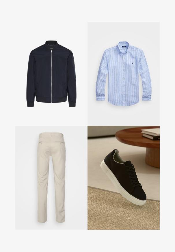 Tmavomodrá bomber bunda vyrobená z hladkej látky, s predným zipsom, rebrovanými manžetami a dvoma bočnými vreckami s nenápadným logom.; Modrá a biela prúžkovaná košeľa s dlhými rukávmi vyrobená z bavlny, vybavená golierom na gombíky, prednými gombíkmi a malým vyšitým logom na hrudi.; Béžové nohavice s hladkou textúrou, rovný strih, dve zadné vrecká s gombíkmi a štandardný pás.; Čierna teniska s bielou podrážkou plávajúca nad béžovým textúrovaným kobercom pri okrúhlom drevenom stole s hromadou kníh.