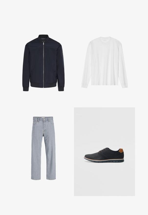 Tmavomodrá bomber bunda vyrobená z hladkej látky, s predným zipsom, rebrovanými manžetami a dvoma bočnými vreckami s nenápadným logom.; Dlhý rukáv, biela bavlnená tričko s okrúhlym výstrihom a rebrovanými manžetami. Jednoduchý, bezvýzdobový dizajn s hladkou textúrou a štandardným strihom.; Svetlomodré džínsy s uvoľneným strihom, rovný strih nohavíc, viditeľné stehy, dve predné vrecká a zapínanie na gombík.; Čierne syntetické topánky so štruktúrovaným zvrškom, hladkými akcentmi, hnedým opätkom a kontrastnou podrážkou. Majú minimálne šnurovanie a detaily prešitia.