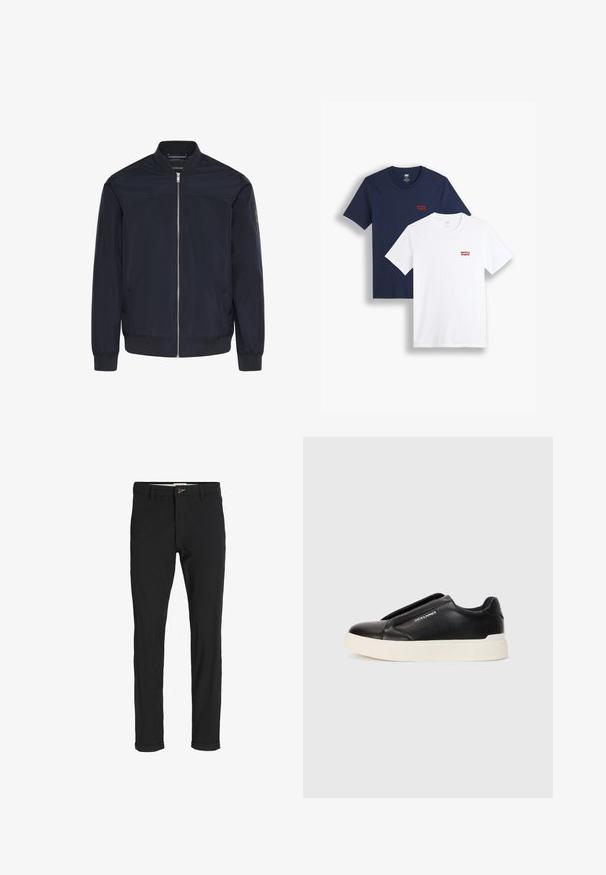 Mornarsko modra bomber jakna iz gladkega blaga, z zadrgo spredaj, rebrastimi manšetami in dvema stranskima žepoma z nežnim detajlom blagovne znamke.; Dve kratke majice z rokavi: ena temno modra in ena bela, obe z rdečim logotipom "Levi's" na prsih, izdelani iz bombažnega blaga.; Črne bombažne hlače iz mešanice tkanin, ožjega kroja, z gumbom za zapiranje, žepi in zavihanimi robovi za sproščen videz.; Črne slip-on športne čevlje z teksturiranim usnjenim zgornjim delom, belim gumijastim podplatom in brez vidnih vezalk. Na strani je logotip blagovne znamke.