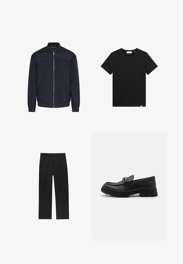 Tmavomodrá bomber bunda vyrobená z hladkej látky, s predným zipsom, rebrovanými manžetami a dvoma bočnými vreckami s nenápadným logom.; Čierne tričko s krátkym rukávom vyrobené z bavlny, s okrúhlym výstrihom a malým logom vyšitým na hrudi. Hladká textúra, štandardný strih.; Čierne nohavice s rovnými nohavicami, vyrobené z hladkej tkaniny. Majú predné puky a jediné gombíkové zapínanie v páse.; Čierne kožené mokasíny s okrúhlym špičkou, dekoračným pásikom a kovovými prvkami, a robustnou textúrovanou podrážkou. Hladký povrch s jemnými detailami.