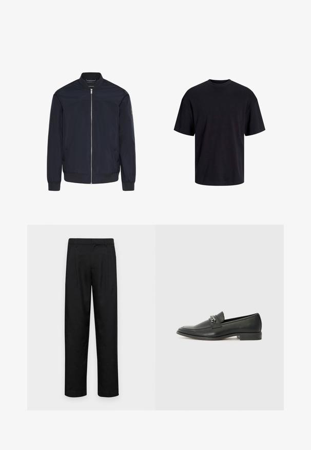 Marineblaue Bomberjacke aus glattem Stoff, mit einem Frontreißverschluss, gerippten Bündchen und zwei Seitentaschen mit dezentem Markenlogo.; Schwarzes Baumwoll-T-Shirt mit Rundhalsausschnitt, kurzen Ärmeln und lässiger Passform. Glatte Oberflächenstruktur und keine sichtbaren Muster oder Akzente.; Schwarze Hose aus glattem Stoff, mit geradem Bein Design, zwei vorderen Falten und einem Standardbund mit Gürtelschlaufen.; Schwarzer Lederloafer mit glatter Oberfläche, ausgestattet mit einer gesteppten Gestaltung und einem dekorativen Metallkettendetail über dem Vorderblatt. Flacher Absatz.