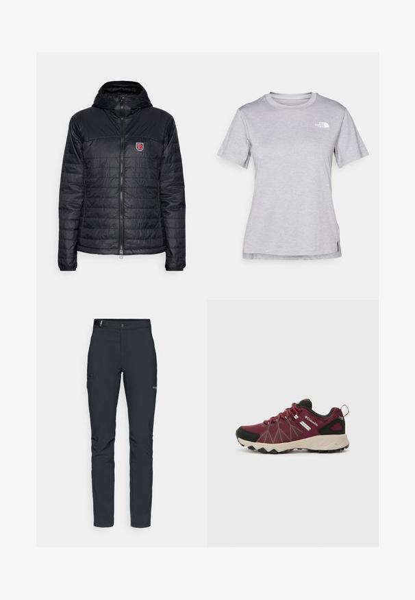 Crna puffer jakna s kapuljačom, s kvadratnim uzorkom, zatvaranjem na zip i malim grbom na gornjem lijevom dijelu grudi.; Siva kratka majica s kratkim rukavima izrađena od mekog, tkanog materijala koji upija vlagu. Ima okruglu izrez i mali bijeli logo na gornjem lijevom dijelu.; Muške outdoor hlače, tamno sive boje, izrađene od fleksibilnog materijala, s remenom, džepovima na patentni zatvarač i ojačanim šavovima.; Columbia PEAKFREAK™ II OUTDRY™ - Obuća za pješačenje - deep madeira/white peach