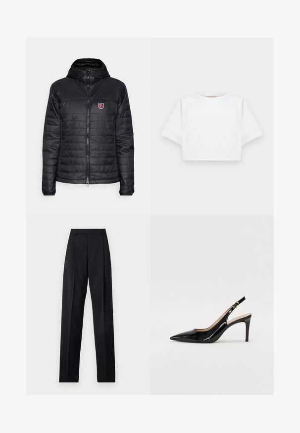 Black puffer jacket with a hood, featuring quilted texture, zip closure, and a small emblem on the upper left chest.; Cropped white t-shirt made of soft fabric, featuring short sleeves, a round neckline, and ribbed hem details. Simple and unembellished design.; Black trousers made from smooth fabric featuring a high waist, wide legs, front pleats, and classic belt loops. No side pockets visible.; Black patent leather slingback pump with pointed toe, slim heel, and a subtle cutout design. Features a gold buckle on the strap.