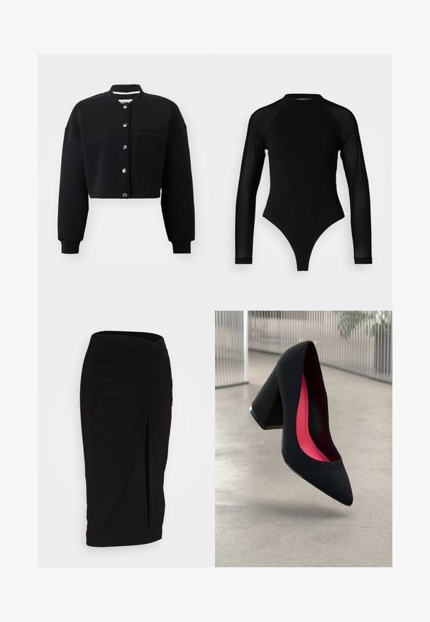 Čierna skrátená mikina s okrúhlym golierom, striebornými cvokmi a prednou vreckom. Vyrobená z mäkkej tkaniny s rebrovanými manžetami.; Čierny dlhý rukáv body s vysokým golierom, s pevným látkovým trupom a priehľadnými sieťovinovými rukávmi, navrhnuté v priliehavom strihu.; Čierna, riasená ceruzková sukňa s viazaním a bočným rozparkom. Vyrobená z elastického materiálu, s hladkou textúrou a priliehavým dizajnom.; Čierna lodička na vysokom opätku s špicatou špičkou, štruktúrovaným povrchom a živým ružovým interiérom. Obsahuje robustný opätok so strieborným akcentom.