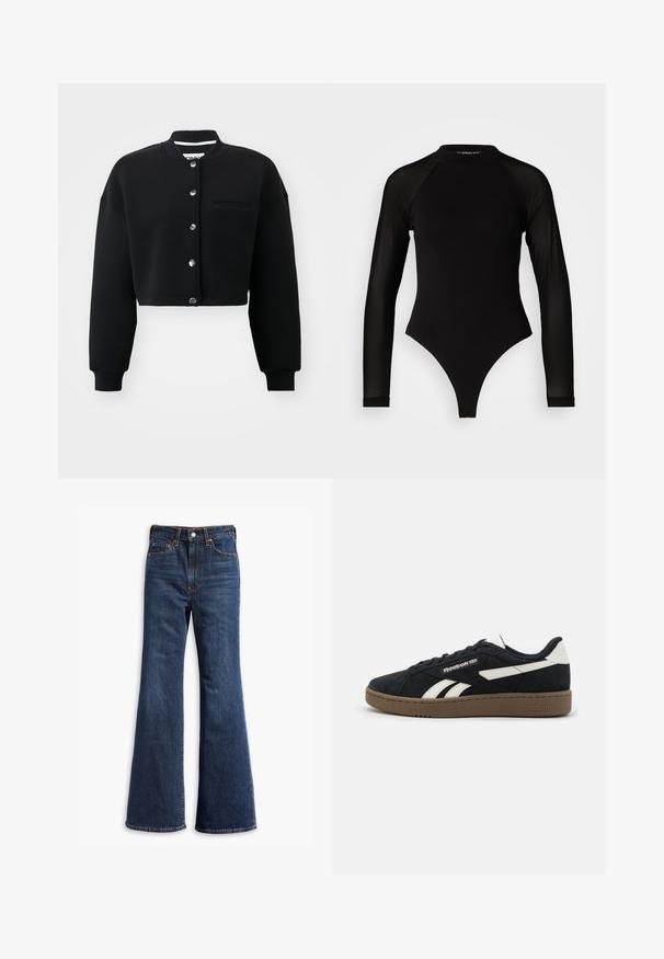 Must mustras jakk mustan värvi, ümmarguse kaelusega, hõbedaste nupuvajutustega ja esise taskuga. Valmistatud pehmest kangast ja ribakujuliste mansettidega.; Must muströmpa mustristik pikkannukkide mustri kõrgetting toori jalgade kinnitanud, mulit haufri. Pakk keskosa ülemine vilip. ; Kõrgelt talje sinised teksapüksid, flöödid säärtedega, ees nupuga ja tõmbluku sulgemine ning viie-tasku disain.; Must mustnahk kingad valgete aktsentidega, lamedate nööridega ja pruuni kummitald. Küljel on logo ja tekstuuriga ülemine osa, mis tagab haarde.