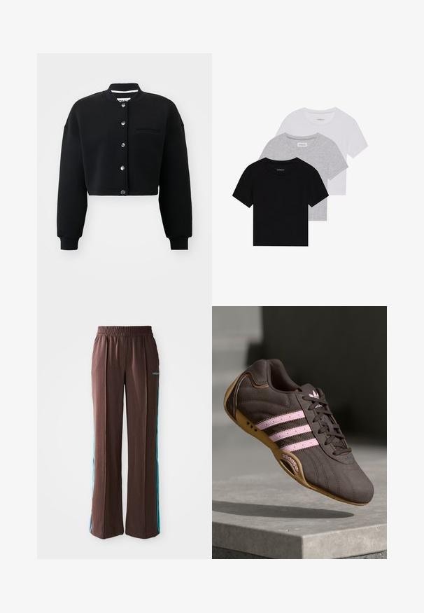 Felpa nera cropped con colletto rotondo, bottoni a pressione argentati e tasca frontale. Realizzata in tessuto morbido con polsini a costine.; Set di tre t-shirt a maniche corte in nero, grigio e bianco. Realizzate in cotone, presentano un collo a giro e un design semplice in un colore solido.; Pantaloni sportivi marroni con texture a coste, vita elastica e strisce laterali turchesi. Presentano il logo adidas sul davanti.; Scarpa atletica in suede marrone con strisce e logo rosa, dotata di una tomaia testurizzata, chiusura con lacci e suola in gomma color miele.