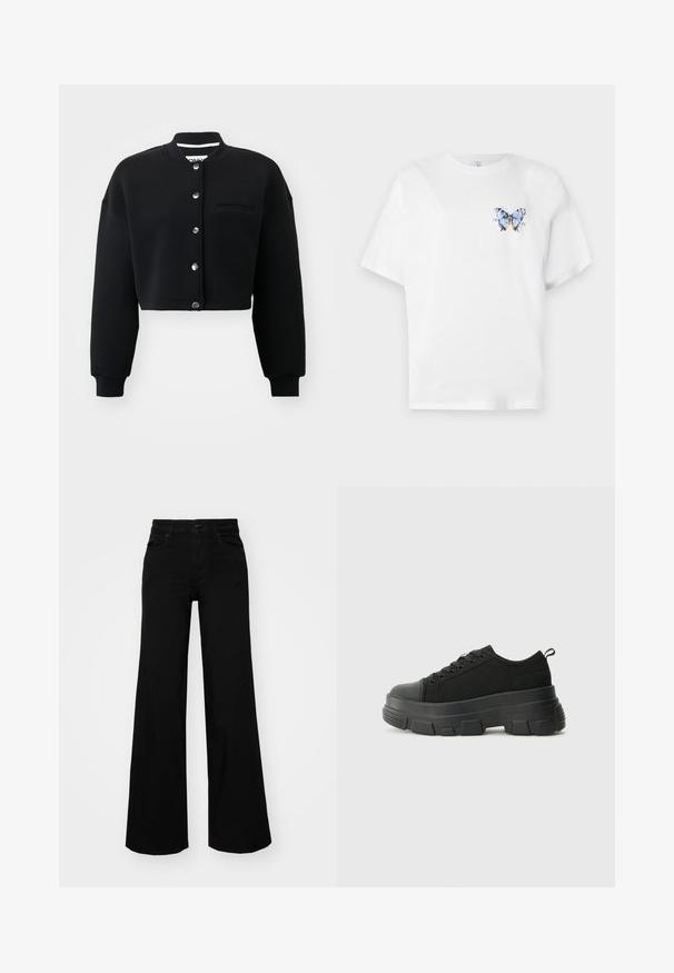 Pulover scurt, negru, cu guler rotund, nasturi metalici argintii și o buzunare frontală. Fabricat dintr-un material moale, cu manșete cu tiv. ; Tricou alb din bumbac, cu un imprimeu colorat cu fluturi pe partea stângă a pieptului. Mâneci scurte și o croială lejeră.; Pantaloni negri cu picioare largi, din denim, cu un brau structurat, bucle pentru curea și buzunare frontale. Textură netedă, cu un design clasic.; Adidași negri cu talpă groasă din cauciuc, superior din material texturat, bot rotund și design cu șireturi. Include gauri întărite pentru șireturi și o buclă pe spate.