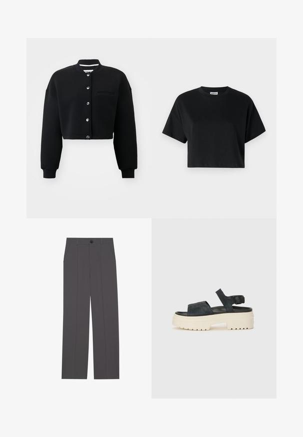 Zwarte cropped sweatshirt met een ronde hals, zilveren drukknoopjes en een voorzak. Gemaakt van zachte stof met ribgebreide boorden.; Zwarte cropped t-shirt met korte mouwen, ronde halslijn, gemaakt van gladde katoenen stof, met een minimalistisch ontwerp en subtiele stikdetails.; Grijze broek met een recht model, voorzien van twee zijzakken en een knoopsluiting. Gladde stof zonder zichtbare patronen of accenten.; Zwarte suède platform sandaal met een chunky witte zool, brede voorband en verstelbare enkelgesp. Geprofileerde zool voor grip.