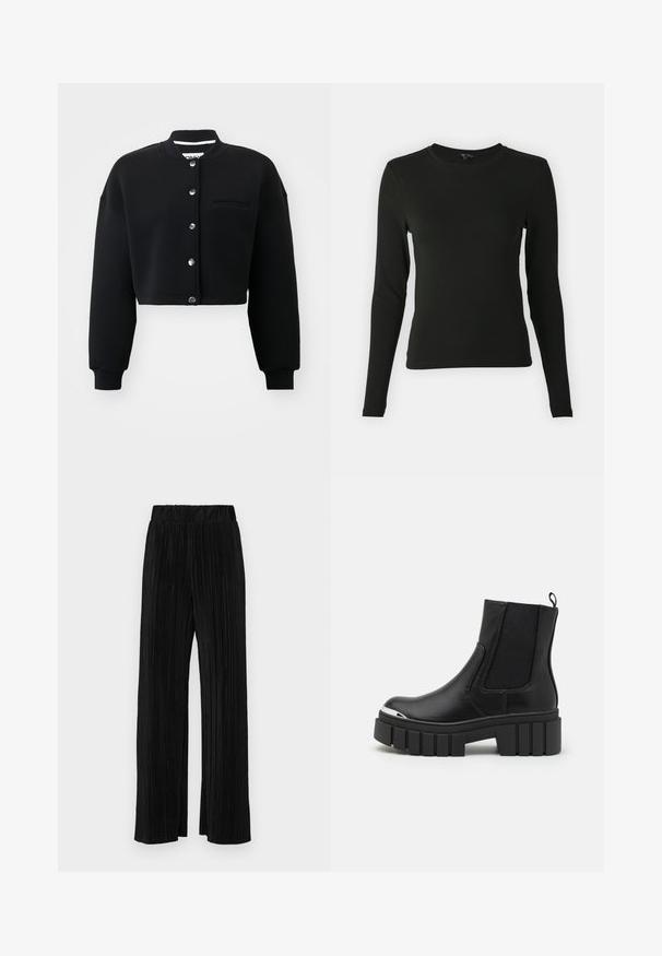 Pulover scurt, negru, cu guler rotund, nasturi metalici argintii și o buzunare frontală. Fabricat dintr-un material moale, cu manșete cu tiv. ; Cămașă neagră cu mânecă lungă, realizată dintr-un material neted, având un guler rotund și o croială ajustată, fără modele sau accente vizibile.; Pantaloni negri plisati cu talie elastică. Prezintă picioare largi și un material neted, texturat, cu dungi verticale.; Botine negre până la gleznă, din piele netedă, cu panouri elastice, talpă groasă și vârf metalic.