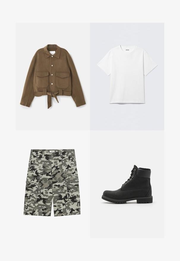 Brown cropped jacket made of soft material, featuring two front pockets, snap buttons, and a tied belt at the waist.; White short-sleeve T-shirt made of cotton, featuring a crew neckline and a relaxed fit. The fabric has a smooth, even texture.; Camouflage cargo shorts in shades of gray and green, featuring multiple pockets, a button closure, and sturdy fabric texture.; Black ankle boot made of suede with a rubber sole, featuring metal eyelets, laces, and a soft faux fur collar around the top.