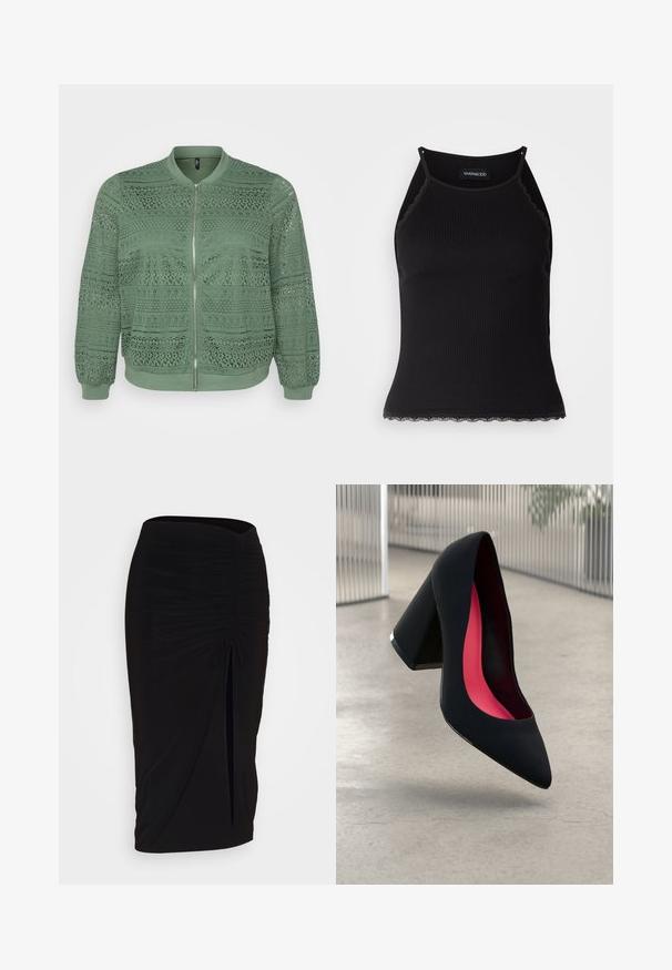 Zielona kurtka bomberka z misternym wzorem z koronki, okrągłym dekoltem, długimi rękawami, elastycznymi mankietami, zapięciem na zamek z przodu i teksturowanym materiałem.; Czarny ribbed top na ramiączkach z falbaniastym koronkowym wykończeniem u dołu. Posiada cienkie ramiączka i dopasowany krój. Wykonany z rozciągliwego materiału.; Czarna, marszczona spódnica typu ołówkowego z węzłem i bocznym rozcięciem. Wykonana z elastycznego materiału, o gładkiej fakturze i dopasowanym kroju.; Czarna szpilka o spiczastym nosie, z teksturowaną powierzchnią i intensywnie różowym wnętrzem. Posiada masywny obcas z srebrnym akcentem.