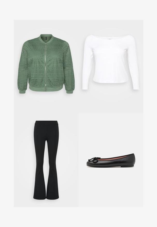 Green bomber jacket with intricate lace pattern, round neck, long sleeves, elastic cuffs, front zipper closure, and textured fabric.; White long-sleeve shirt with a wide neckline, made of soft, smooth material. Features a fitted design and a cropped hem.; Black flared pants made of stretchy fabric, featuring a high waistband and a smooth texture. The pants flare out from the knee.; Black leather ballet flat with a round toe, features a decorative bow and smooth texture. Minimalist design with a low, flat sole.