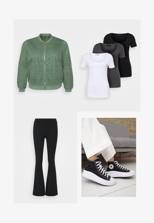 Veste bomber verte avec un motif en dentelle complexe, col rond, manches longues, poignets élastiques, fermeture éclair à l'avant et tissu texturé.; Trois T-shirts ajustés en blanc, gris et noir. Chacun présente un décolleté large et des manches courtes. Fabriqués en tissu lisse et extensible.; Pantalon évasé noir en tissu extensible, présentant une taille haute et une texture lisse. Le pantalon s'élargit à partir du genou.; Baskets montantes en toile noire avec semelles et lacets en caoutchouc blanc. Elles présentent un logo circulaire sur le côté et un contraste de coutures blanches.