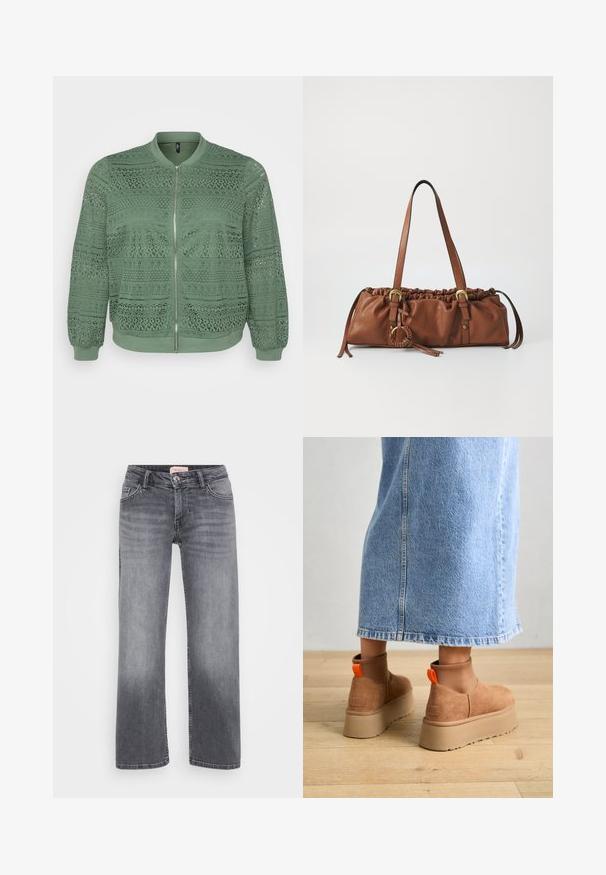 Green bomber jacket with intricate lace pattern, round neck, long sleeves, elastic cuffs, front zipper closure, and textured fabric.; Even&Odd Petite 2 PACK - Top - light grey/black; Gray denim jeans with a straight leg design, five-pocket style, subtle fading, and a button closure at the waist.; Brown suede platform boots with elastic side panels and orange pull tabs, paired with a knee-length light denim skirt on a wooden floor.; Brown leather handbag with gathered top, adjustable straps, and metal accents. Features a round braided detail on the side.; Silver hoop earring with a polished finish, featuring small gold accent details and a round shape, worn on the lobe.