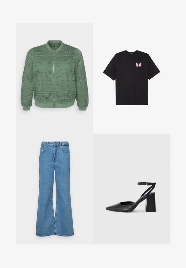 Zielona kurtka bomberka z misternym wzorem z koronki, okrągłym dekoltem, długimi rękawami, elastycznymi mankietami, zapięciem na zamek z przodu i teksturowanym materiałem.; Czarny bawełniany t-shirt z krótkim rękawem, z małym różowym motylkiem na lewej piersi. Klasyczny dekolt z luźnym fasonem.; Jasnoniebieskie dzwony z denimu, z wysokim stanem, pięcioma kieszeniami i zapięciem na jeden guzik. Miękka tekstura z wyblakłym wykończeniem.; Czarne skórzane czółenka z ostrym noskiem, z paskiem na kostce i grubym obcasem. Gładka faktura, elegancki design i minimalistyczna estetyka.