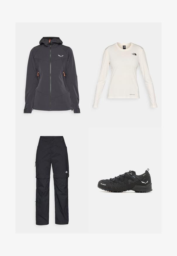 Black fitted jacket with a hood, featuring a two-way zipper, side pockets with orange pulls, and a reflective logo on the chest.; The North Face SHADOW LONG SLEEVE - Long sleeved top - white dune; Black nylon zip-off cargo trousers with adjustable cuffs, multiple pockets, and a logo on the right leg. Smooth, lightweight texture.; Black hiking shoes with a textured fabric upper, lacing system, and rugged rubber sole. Accented with reflective details and logos.