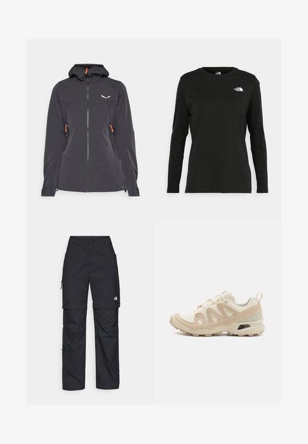 Musta istuva takki hupulla, jossa on kaksisuuntainen vetoketju, sivutaskut oranssilla vetimellä ja heijastava logo rinnassa.; Musta pitkähihaisen t-paita, joka on valmistettu puuvillasta ja jossa on pyöreä kaula-aukko. Vasemmassa rinnassa on pieni valkoinen logo. Yksinkertainen muotoilu ja istuvuus.; Mustat nailonista valmistetut irrotettavat cargo-housut säädettävillä lahkeilla, useilla taskuilla ja logolla oikeassa jalassa. Liukas, kevyt rakenne.; Beige ja kreemi värvi sportlikud jalanõud, millel on tekstiilne mesh ülemine osa, toetavad ülekatted ja kummist tald, millel on mustripattern haardeks.