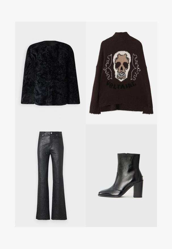 Črna teksturirana jakna zmečkanega videza z bujnim, krznom podobnim zaključkom; dolgi rokavi; okrogla vratna odprtina; vsebuje gladko blago vzdolž vratu in robov.; Brahno pleteno pulover z osrednjim dizajnom lobanje, okrasnimi detajli in rebrastim robom. Pod lobanjo je napis "VOLTAIRE".; Črne usnjene hlače s širokimi nogavicami, ki se ponašajo z gubano teksturo, visokim pasom, sprednjimi žepi in klasičnim gumbom za zapiranje z zadrgo.; Črne usnjene gležnarske čevlje z gladko teksturo, koničastim nosom in debelim visokim petam. Imajo stransko odprtino in minimalističen dizajn.