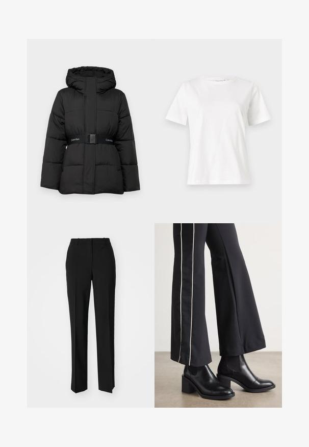 Čierna prešívaná bunda s kapucňou, ktorá má opasok v páse, prešívaný dizajn a predné vrecká. Mäkká textúra a jednotná farba po celom obvode.; Biela bavlnená tričko s krátkymi rukávmi, okrúhlym výstrihom a voľným strihom. Hladká textúra, bez vzorov alebo akcentov, minimalistický dizajn.; Čierne krajčírské nohavice so strihom rovného nohu, s hladkou textúrou a ostrými skladmi pozdĺž prednej časti. Žiadne viditeľné hardvér.; Čierne kožené členkové topánky s blokovým podpätkom, vybavené elastickými bočnými panelmi. Skombinované s čiernymi nohavicami, ktoré majú biely bočný pruh.