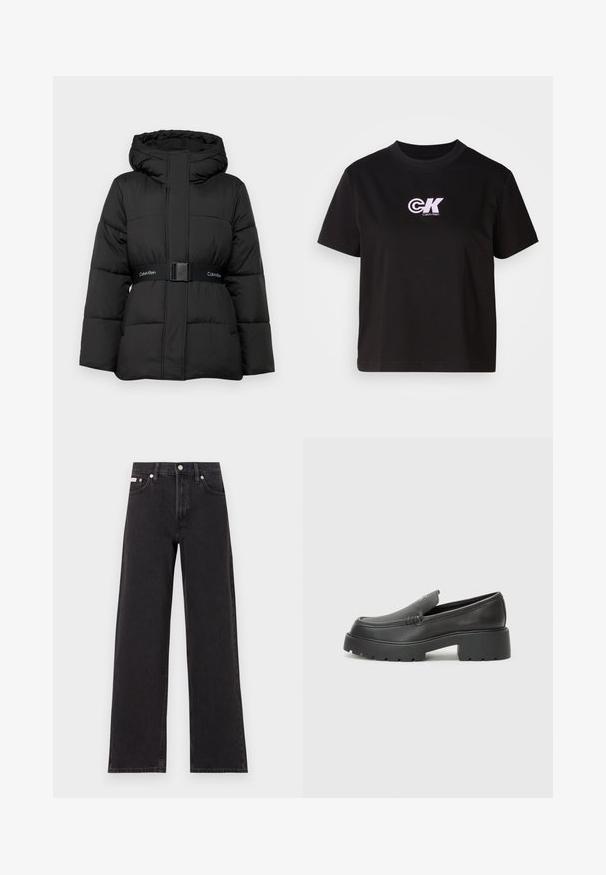 Juodas pūkinis švarkas su kapišonu, su dirželiu juosmenyje, siuvinėta konstrukcija ir priekinėmis kišenėmis. Minkšta tekstūra ir vientisa spalva.; Juodas medvilninis marškinėliai su apvalia iškirpte ir trumpomis rankovėmis. Apatinėje kairėje krūtinės pusėje yra baltas ir rožinis "CK" logotipas.; Juodos plačios kojų džinsai, pagaminti iš džinsinio audinio, su aukštu liemeniu, penkių kišenių stiliumi ir metaline sagte su kontrastingo siuvimo detalėmis.; Juodi odiniai loaferiai su apvaliu pirštu, storu tekstūruotu padu ir minimaliu siūlių dekoru. Išskirtinis dizainas be matomų raištelių ar furnitūros.