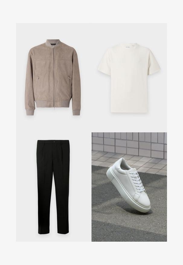 Suede bomber jacket in light taupe with ribbed cuffs and collar. Features a central zipper and two side pockets with zip closures.; White short-sleeve T-shirt in a ribbed texture. Round neckline, relaxed fit, no visible patterns or accents. Simple and versatile design.; Black tailored trousers with a flat front, two pleats, a button closure, side pockets, and a straight-leg cut. Made from a smooth fabric.; White leather sneaker with a smooth surface, round toe, and flat white laces. Features a textured rubber sole and minimal design elements.