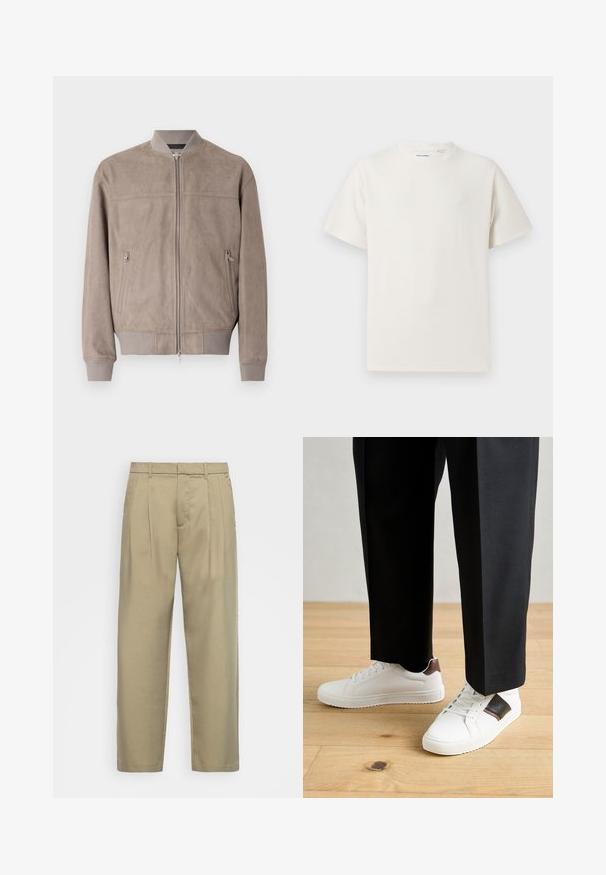 Szőrm bomber dzseki világos taupe színben, bordás mandzsettákkal és gallérral. Középen cipzáros záródás és két oldalsó zseb cipzárral.; Fehér, rövid ujjú póló bordázott textúrával. Kerek nyakkivágás, laza szabás, nincs látható minta vagy díszítés. Egyszerű és sokoldalú dizájn.; Beige, magas derékú, egyenes szabású nadrág, lapos elejével, oldalsó zsebeivel és sima, textúrált anyagával.; Fehér sneaker, sima textúrával, barna bőr díszítéssel és fekete részletekkel, fekete szabott nadrággal párosítva. Fából készült padló háttér.
