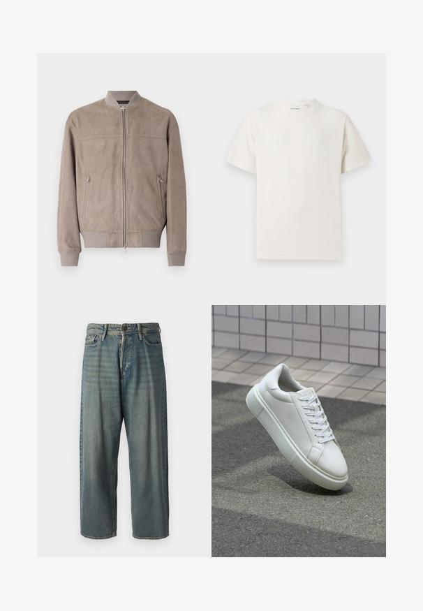 Suede bomberska jakna v svetlem taupe odtenku z rebrastimi manšetami in ovratnikom. Ima osrednji zadrgo in dva stranska žepa z zadrgo.; Bela majica s kratkimi rokavi iz rebraste tkanine. Okrogli izrez, sproščen kroj, brez vidnih vzorcev ali naglasov. Preprosta in vsestranska zasnova.; Svetlomoderne kavbojke z ohlapnim krojem, srednjim pasom in ravnimi nogami. Imajo pet žepov, zanke za pas in zapiranje na gumb.; Bela usnjena teniska obutev z gladko površino, okroglo konico in ravnimi belimi vezalkami. Ima teksturiran gumijast podplat in minimalne oblikovalske elemente.
