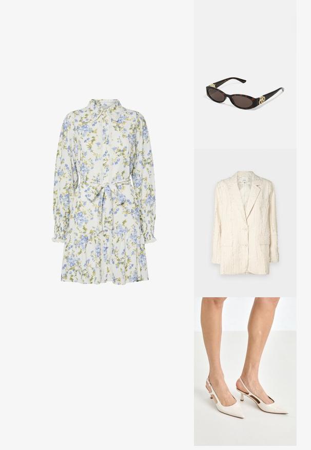 Crème-kleurige blazer met een gestructureerd, franjes patroon. Beschikt over twee knopen, een gekleed kraag en zijzakken. Gevoerde binnenkant.; Bloemendress in het wit met blauwe en groene bloemen, voorzien van een kraag, knoopsluiting aan de voorkant, lange mouwen met elastische manchetten en een tailleband.; Beige gepatineerde leren slingback hakken met een spitze neus en een hak van 5 cm, met uitsparingen aan de zijkanten en een dunne enkelband.; Schildpadbril met langwerpige ovale lenzen, bruine tint, gouden logo-accenten op de pootjes en slanke zwarte armen.; Beige handtas met een patroon en een gebogen vorm, leren accenten en een goudkleurig logo aan de voorkant. Beschikt over een kort handvat voor gemakkelijk dragen.; Parel- en kristallen ketting met een ronde, gehaakte ontwerp in lichte tinten, met afwisselend parels en sprankelende accenten, gedragen om de hals.