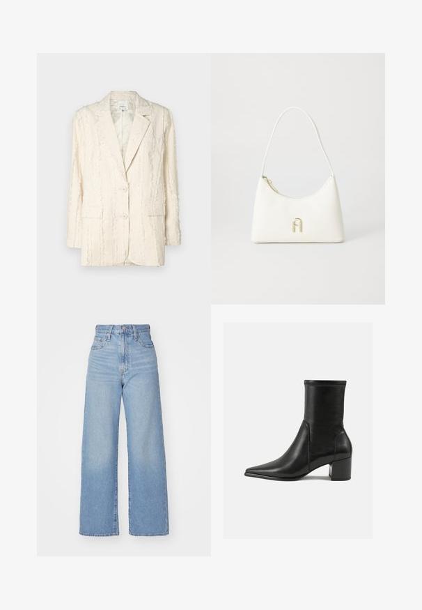 Blazer color crema con un motivo testurizzato e frangiato. Presenta due bottoni, un colletto a punte e tasche laterali. Interno foderato.; Tessuto beige chiaro con una manica piegata, che evidenzia una texture liscia e un aspetto morbido, mettendo in risalto la sua semplicità ed eleganza.; Jeans a vita alta blu chiaro con gamba larga, chiusura frontale con bottone e zip, tasche anteriori e posteriori, su uno sfondo bianco.; Stivale alla caviglia nero in pelle liscia, con punta appuntita, tacco a blocco e cuciture raccolte distintive lungo il bordo superiore.; Borsa bianca con una forma curvata e una texture liscia. Presenta un accentuato logo dorato e una chiusura con zip. Tracolla regolabile.; Orecchini a cerchio dorati con forma rettangolare, texture liscia e bordi arrotondati. Presentano una chiusura sicura per una maggiore stabilità.