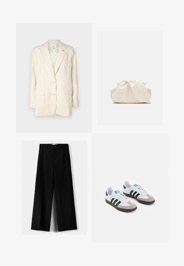Sacou de culoare crem, cu un model texturat, ciufulit. Prezintă două butoane, guler cu colțuri și buzunare laterale. Interior căptușit.; Două bluze fără mâneci, cu guler înalt, în culorile negru și alb, având un design ajustat și o textură netedă, cu o lungime scurtă.; Pantaloni negri cu picior larg, fabricați dintr-un material ușor, cu închidere frontală cu nasture și față plată, având tivuri cusute cu atenție.; Încălțăminte sport cu un superior din piele albă, vârf din suede gri și trei dungi negre. Prezintă un logo albastru pe limbă și o talpă din cauciuc texturat.; Geantă din faux leather de culoare crem, moale, cu un design pliat, bretele ajustabile și un închizător discret cu șnur. Textură netedă și formă rotunjită.
