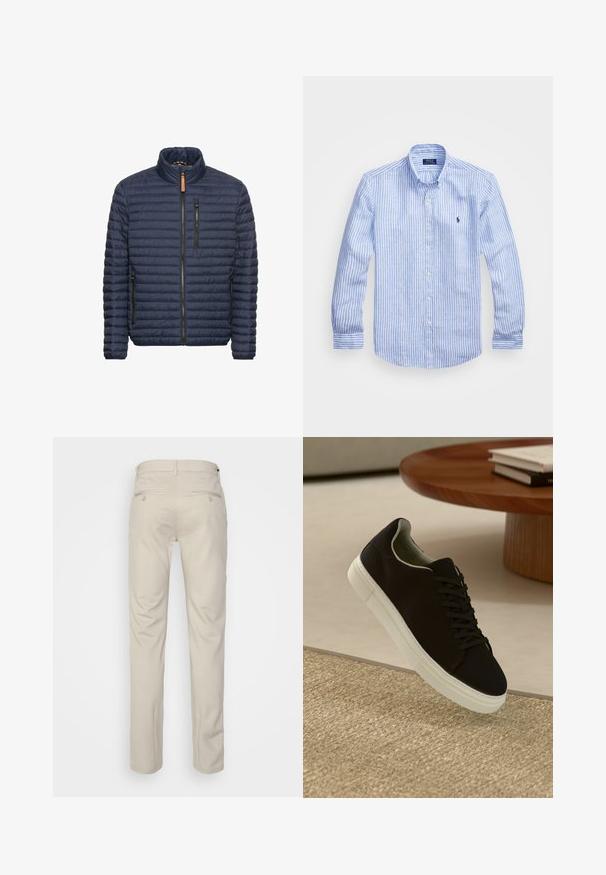 Marineblauw gewatteerde pufferjack met opstaande kraag, voorzakken met rits en een ritssluiting. Gelaagd oppervlak met horizontale stiksel-details.; Blauw-wit gestreept overhemd met lange mouwen van katoen, met een button-down kraag, knopen aan de voorkant en een klein geborduurd logo op de borst.; Beige broek met een gladde textuur, rechte snit, twee achterzakken met knopen en een standaard tailleband.; Zwarte sneaker met witte zool die boven een beige gestructureerd tapijt zweeft, nabij een ronde houten tafel met gestapelde boeken.