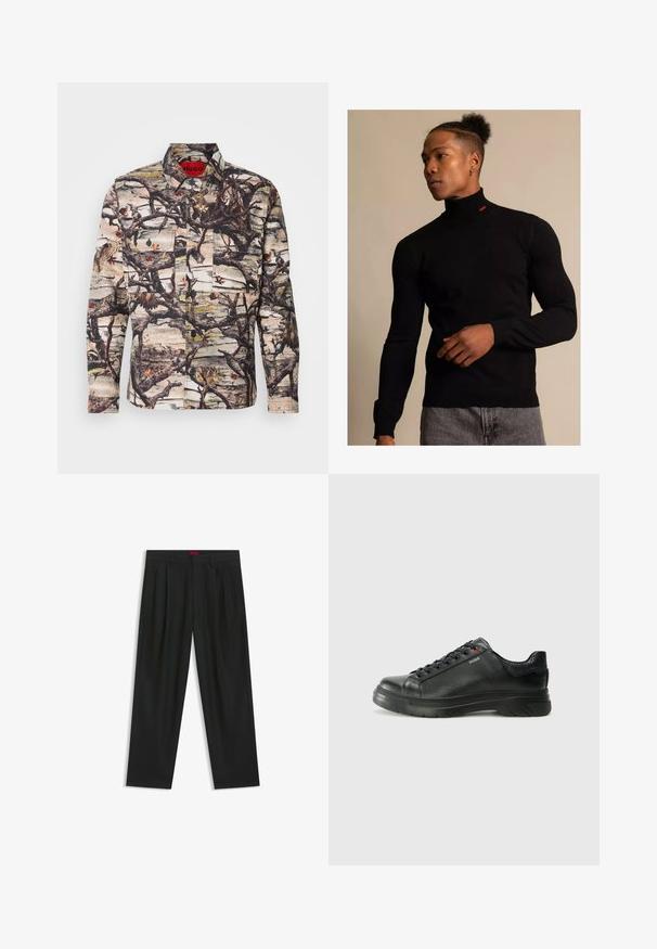 Langærmet shirt met een camouflagepatroon van takken, bladeren en vogels. Gemaakt van gestippeld stof met knopen en twee voorkruiszakken.; Zwarte coltrui gemaakt van rib materiaal met lange mouwen. Heeft een klein rood logo op de hals. Draag het met een grijze spijkerbroek.; Zwarte broek met een geplooid ontwerp, wijde pijpen en een zachte textuur. Voorzien van een rode taillebandlabel.; Zwarte leren sneaker met een gestructureerde bovenkant, gevoerde kraag en rode logo-details. Heeft een dikke rubberen zool met een opvallend loopvlakpatroon.