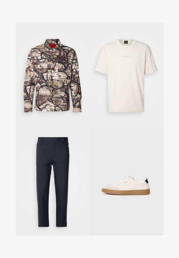 Ilga rankovė marškiniai su kamufliažo raštu, kuriame yra šakų, lapų ir paukščių. Pagaminta iš raštuoto audinio, su mygtukais ir dviem priekinių kišenių.; BOSS TEE - Paprasti marškinėliai - open white; Tamsiai mėlynos pritaikytos kelnės, pagamintos iš sklandžios medžiagos, su užtrauktuku užsegama kišene, tiesiomis kojomis ir mygtuko užsegimu juosmens srityje.; Balti sportbačiai su kreminiais akcentais, lygios odos viršus, suapvalintas pirštas ir guminis padas, su juodu kulno užtrauktuku ir subtiliu ženklinimu.